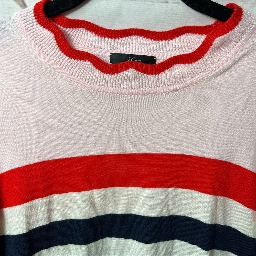 J. Crew L Scallop-Trimmed Pullover Sweater Stripe Merino Wool L1070 0652 Pink
